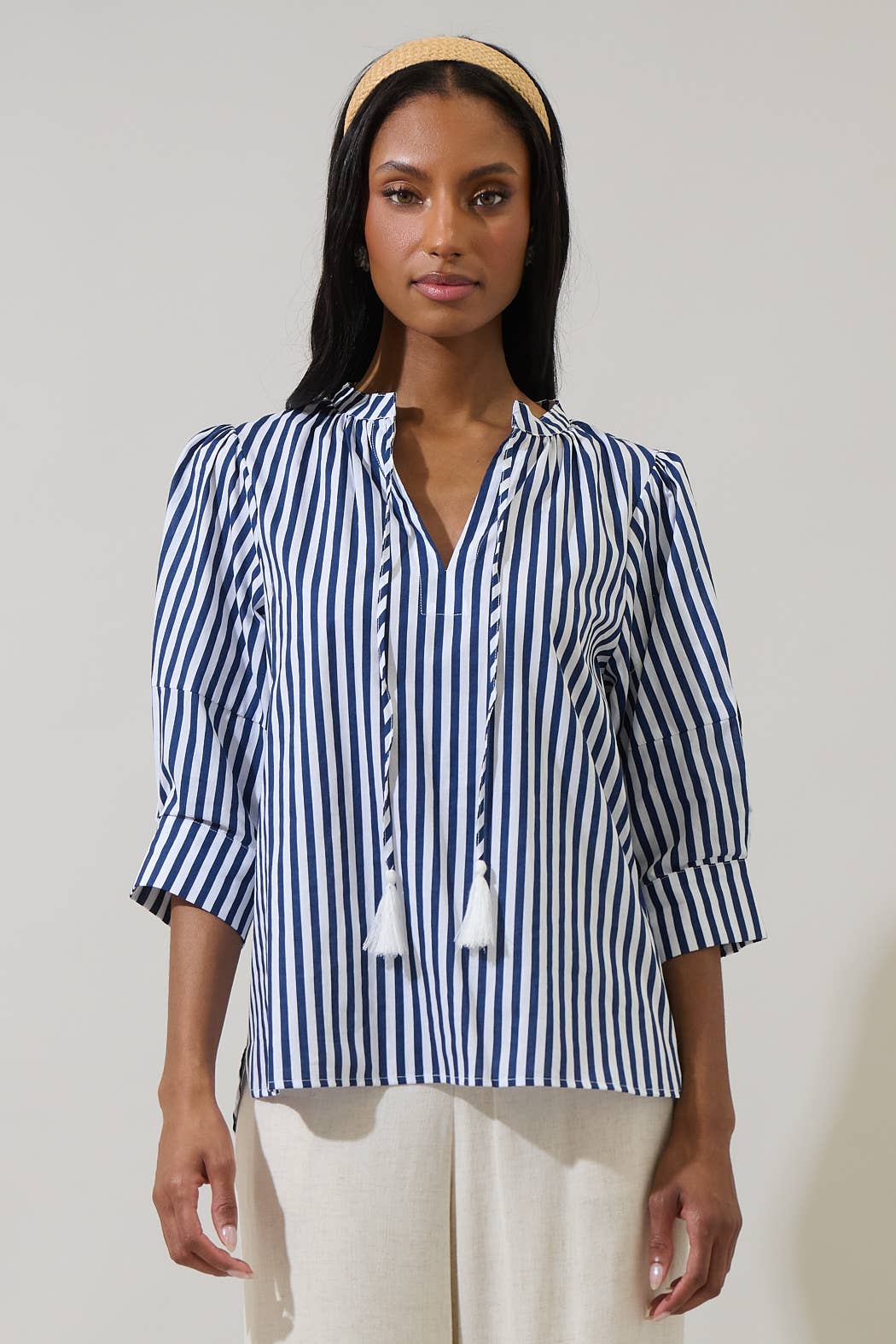 Glenda Stripe Irina Split Neck Top