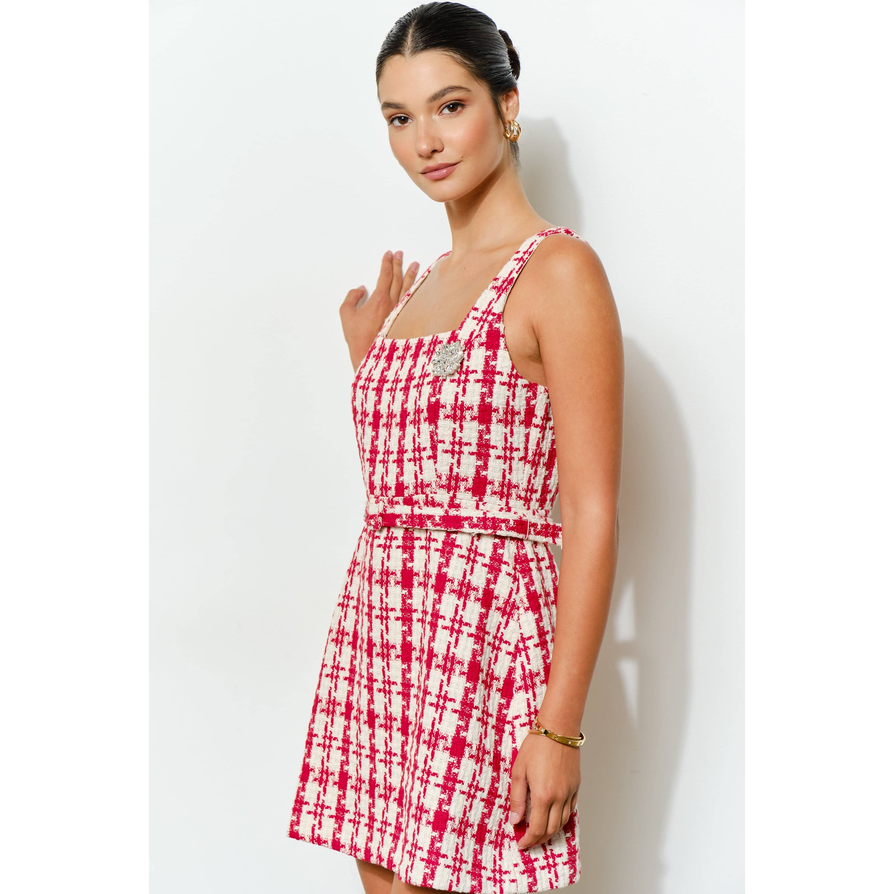 Check Tweed Brooch Detail Belted Mini Dress
