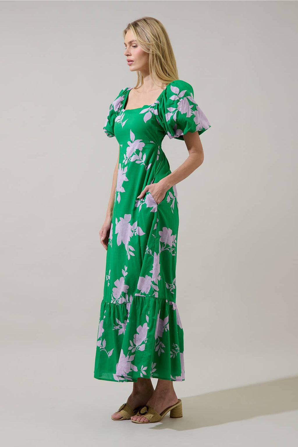 Zama Floral Xena Puff Sleeve Maxi Dress