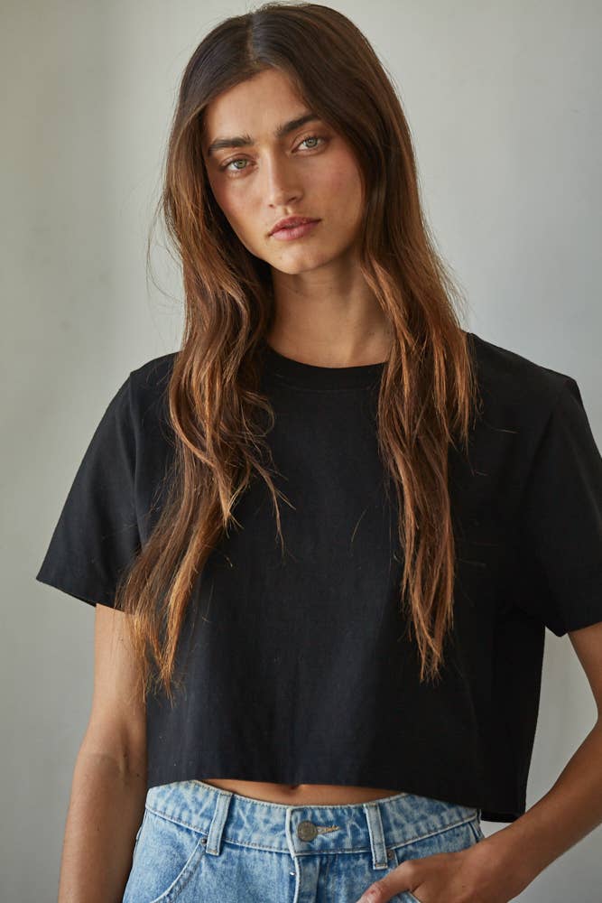L8686 | Knit Cotton Round Neck Short Sleeve Crop Top