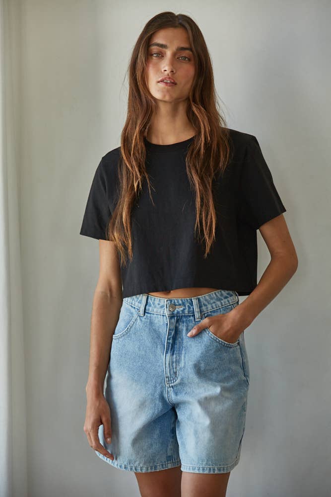 L8686 | Knit Cotton Round Neck Short Sleeve Crop Top