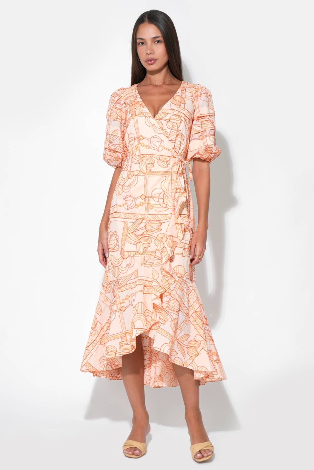 Haven Ruffle Embroidery Wrap Midi Dress