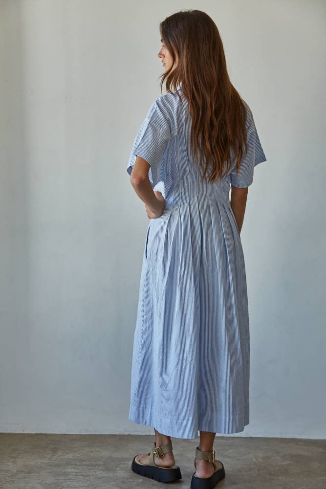 L7650 | Woven Cotton Polyester Striped Pleated Flare Dress