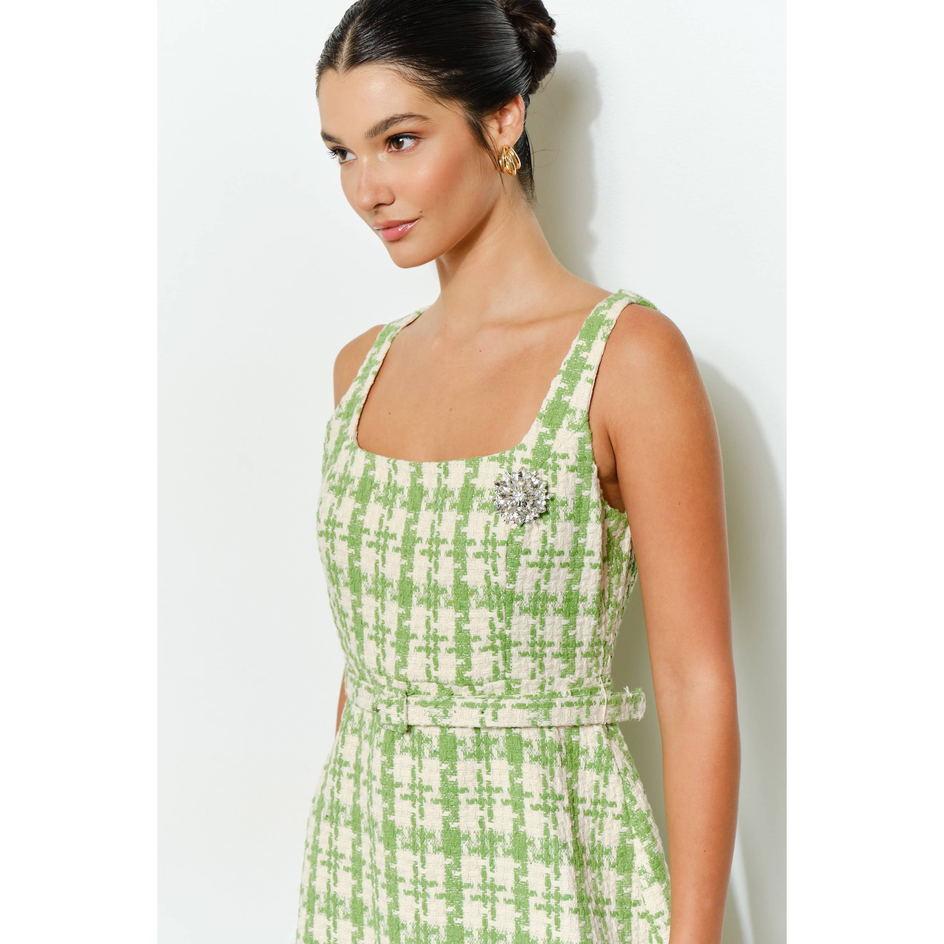 Check Tweed Brooch Detail Belted Mini Dress