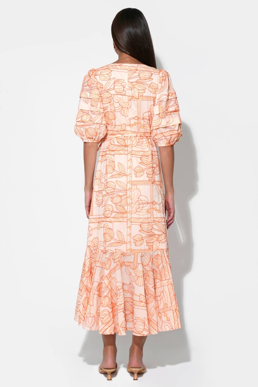 Haven Ruffle Embroidery Wrap Midi Dress