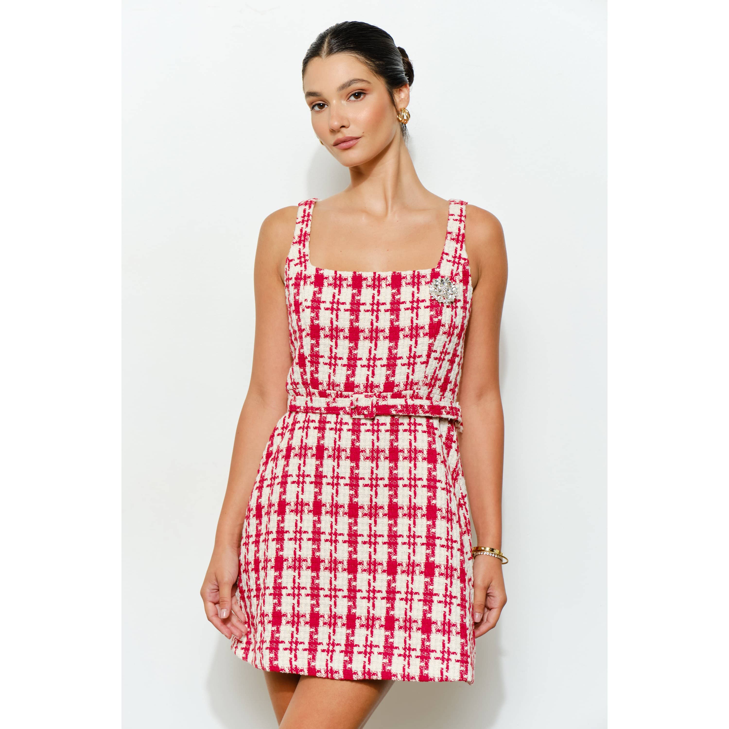 Check Tweed Brooch Detail Belted Mini Dress