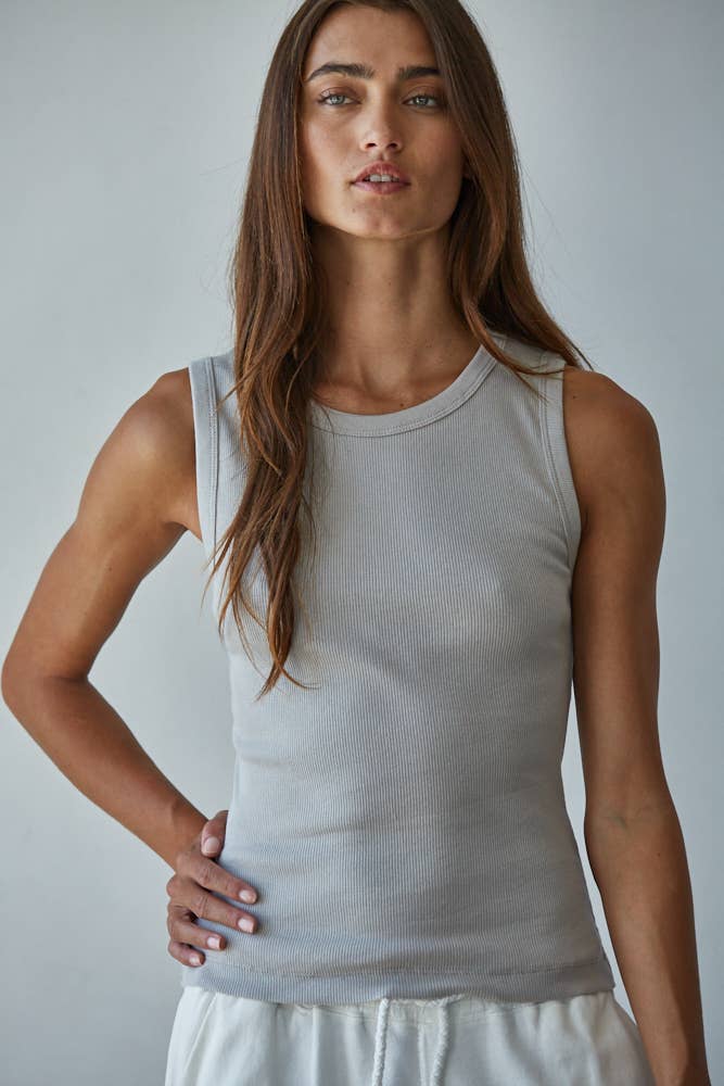 L8749 | Knit Cotton Ribbed Round Neck Sleeveless Tank Top