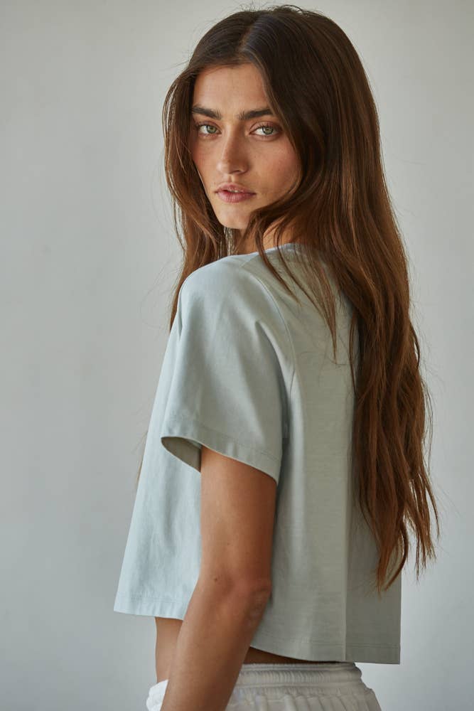L8686 | Knit Cotton Round Neck Short Sleeve Crop Top
