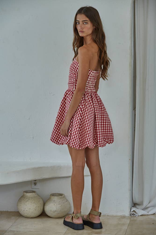 L9417 | Woven Polyester Gingham Print Smocking Tube Mini