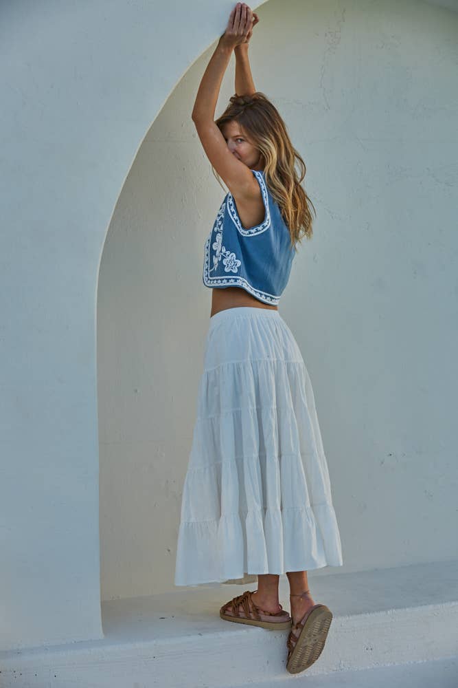 L8361 | Woven Cotton Floral Embroidered Open Front Vest Top