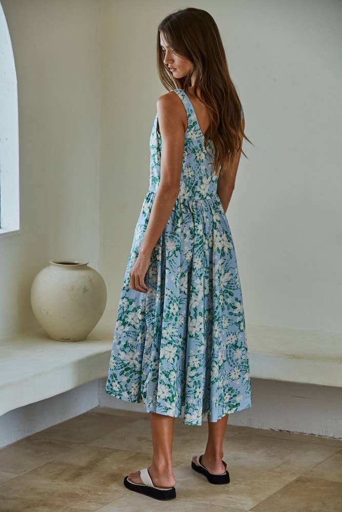 L8248 | Woven Cotton Floral Print Sleeveless Midi Dress