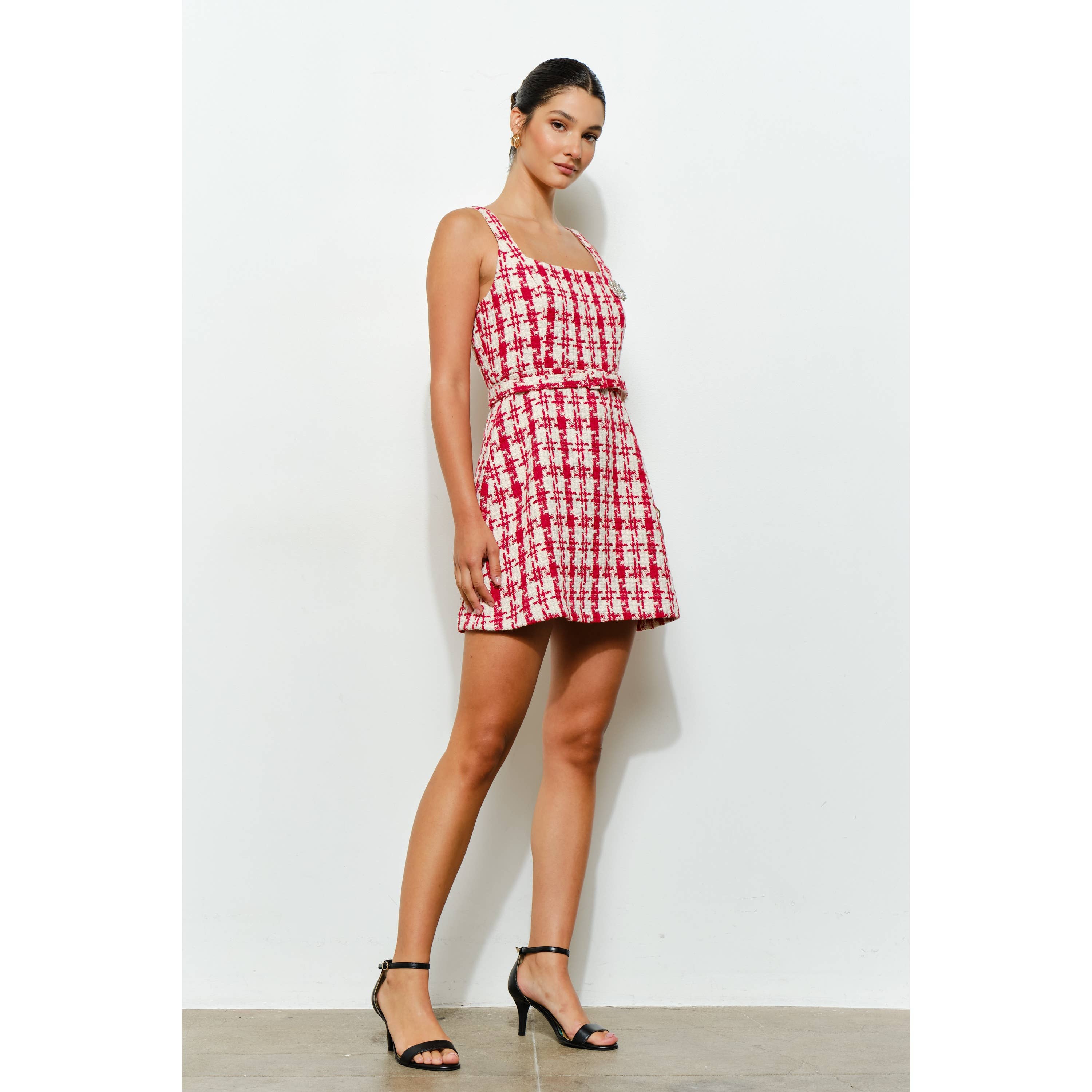 Check Tweed Brooch Detail Belted Mini Dress