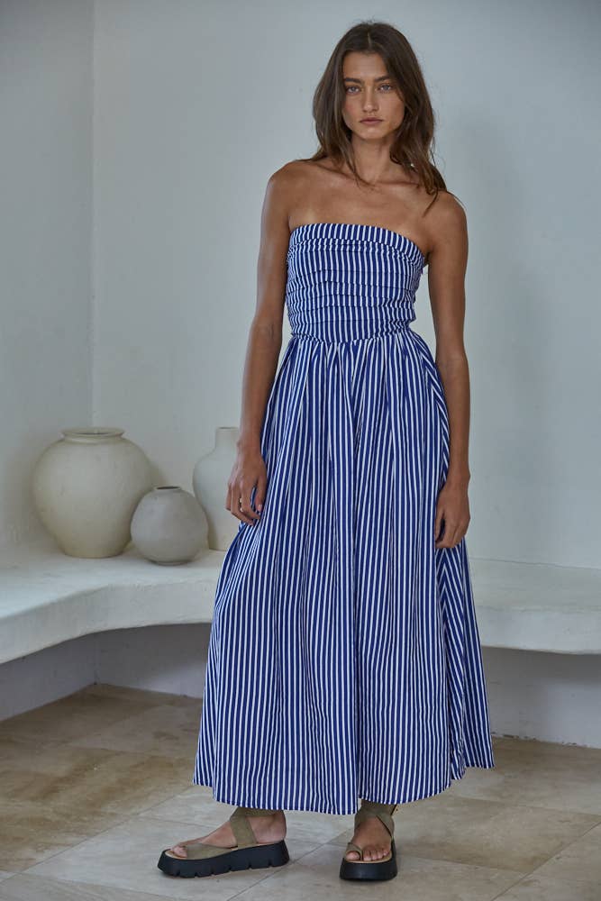 L6998 | Striped Tube Neck Strapless Flare Maxi Dress