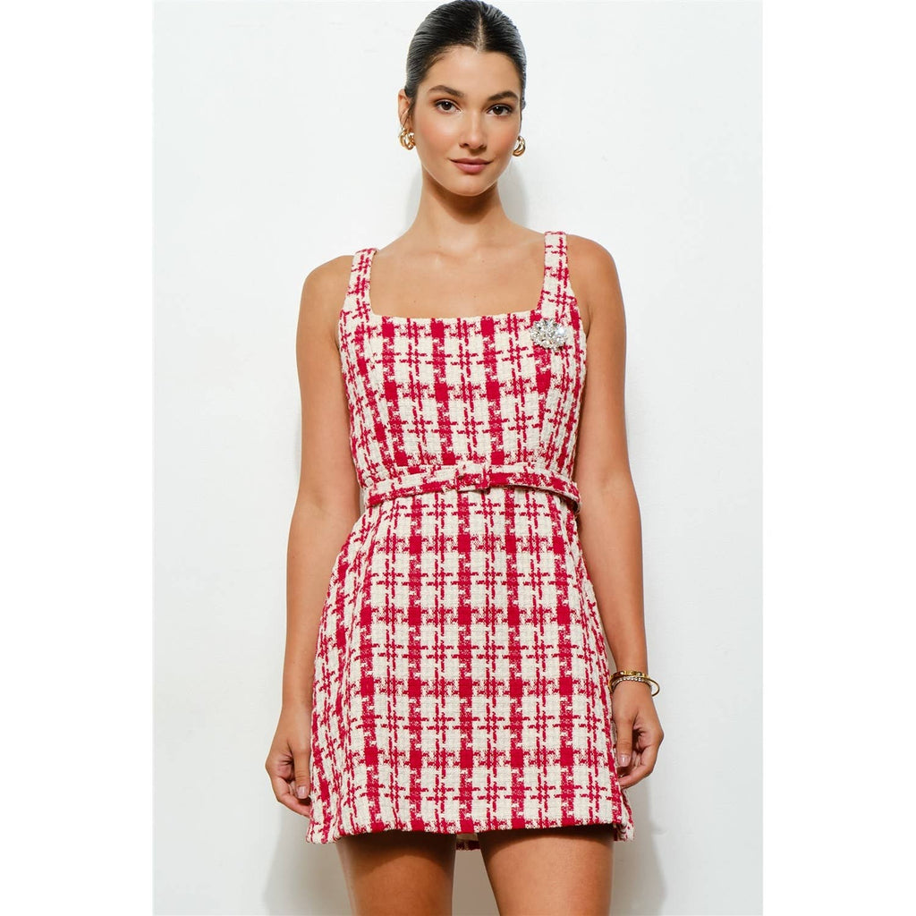 Check Tweed Brooch Detail Belted Mini Dress
