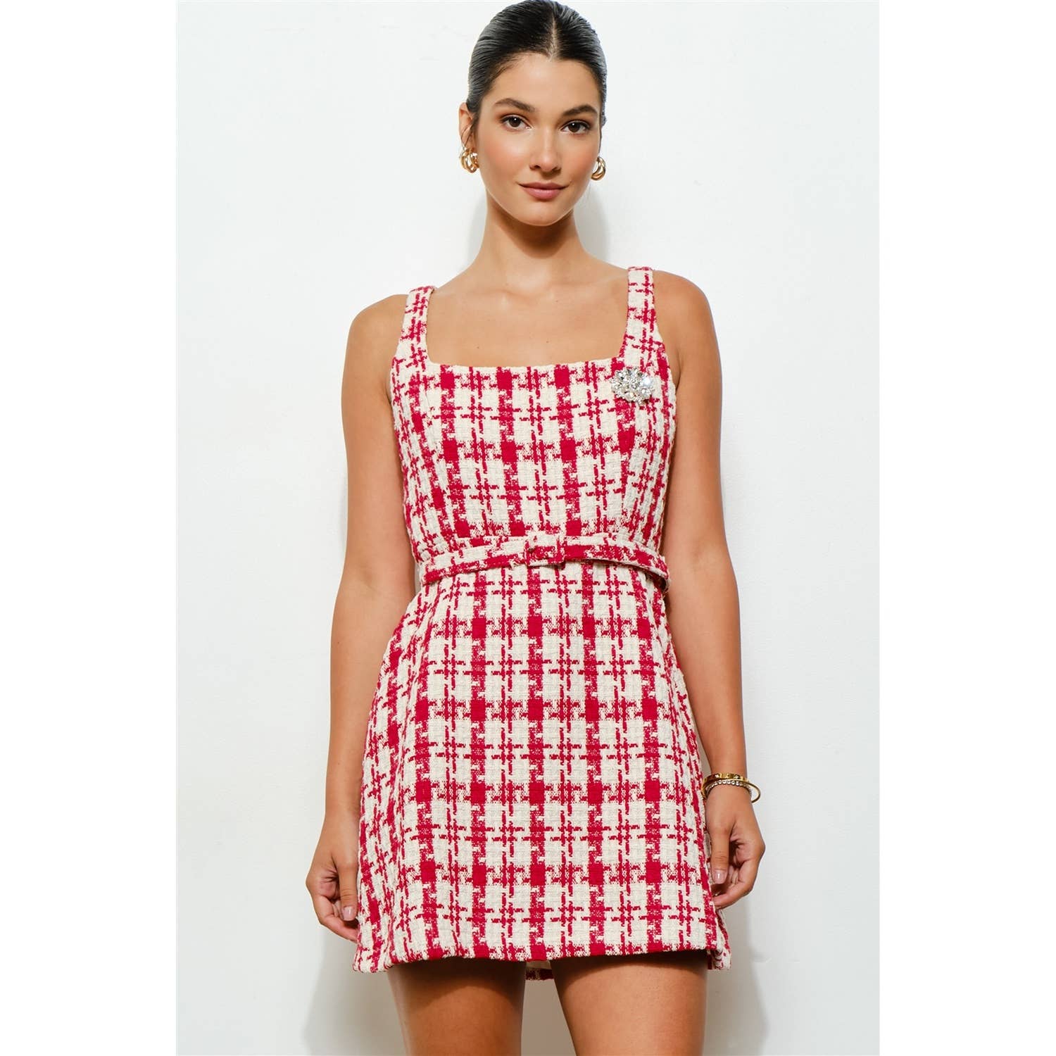 Check Tweed Brooch Detail Belted Mini Dress