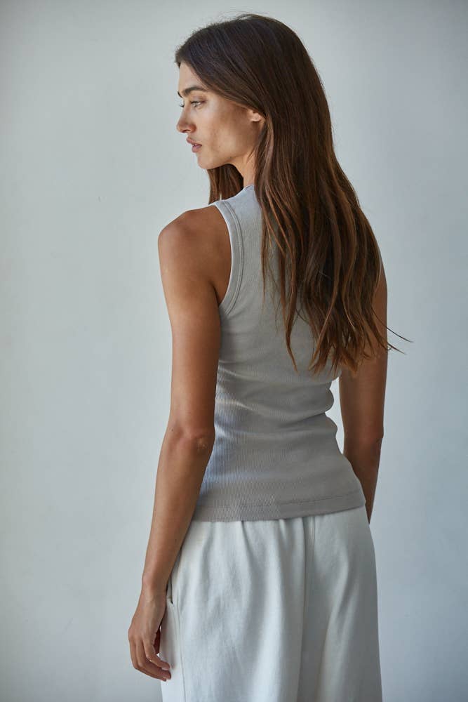 L8749 | Knit Cotton Ribbed Round Neck Sleeveless Tank Top