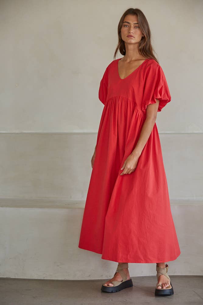 L9483 | Woven Cotton V-Neck Short Puff Sleeve Maxi Dress