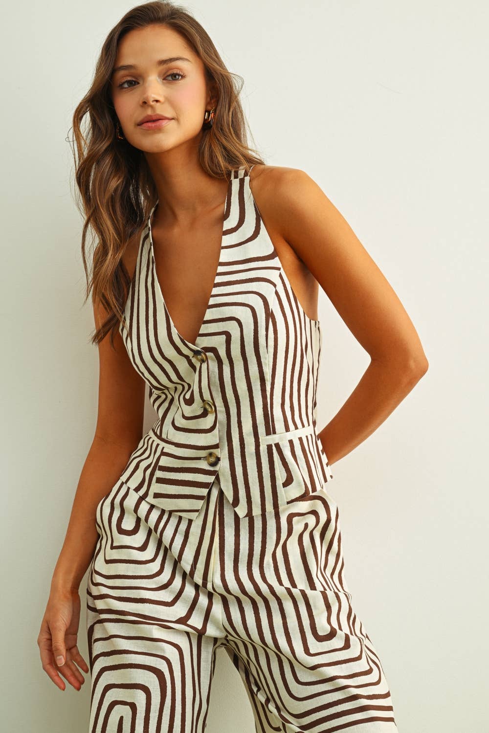 GRID PRINT HALTER NECK VEST