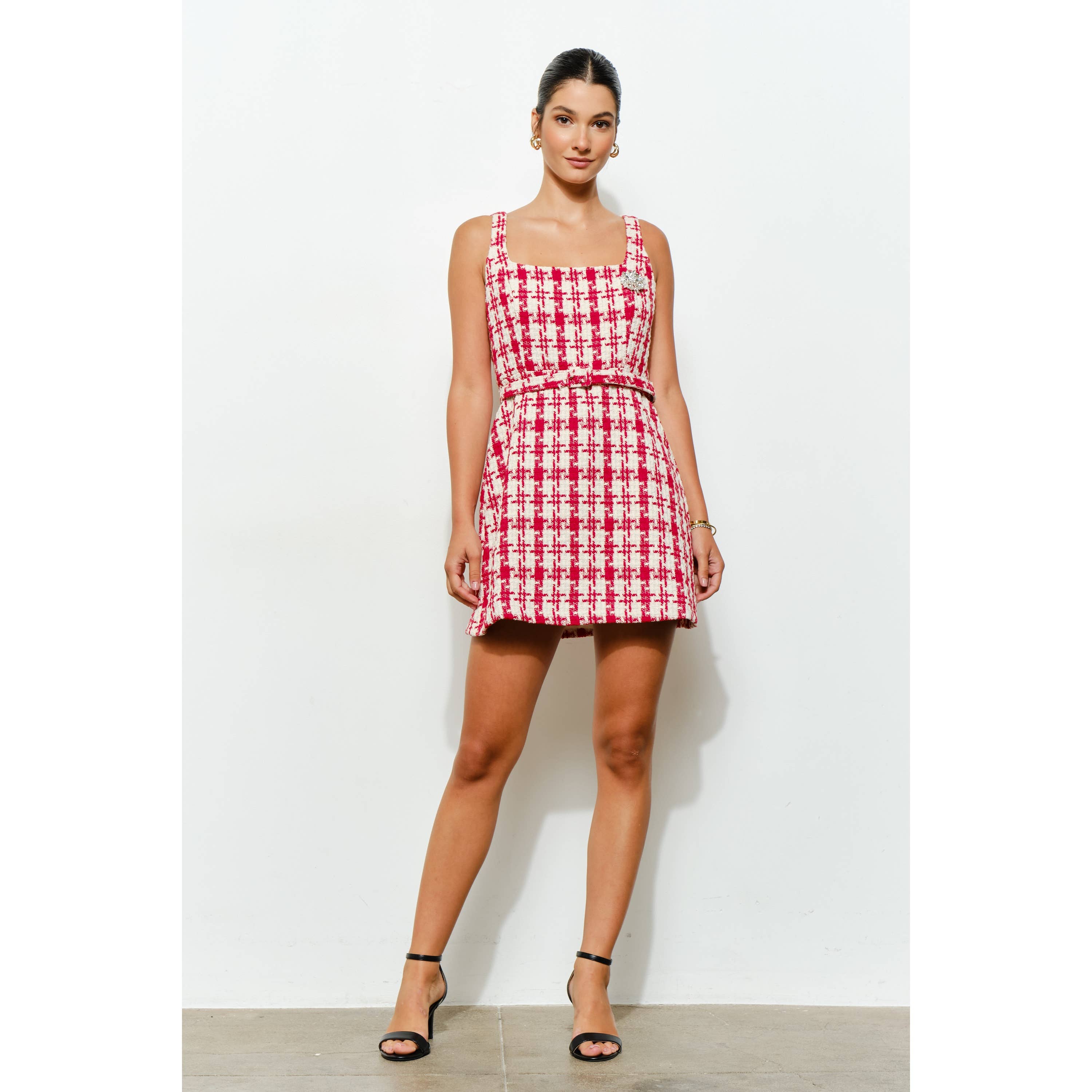 Check Tweed Brooch Detail Belted Mini Dress