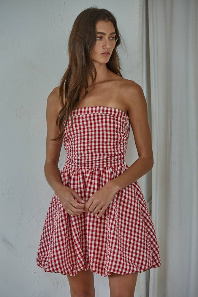 L9417 | Woven Polyester Gingham Print Smocking Tube Mini