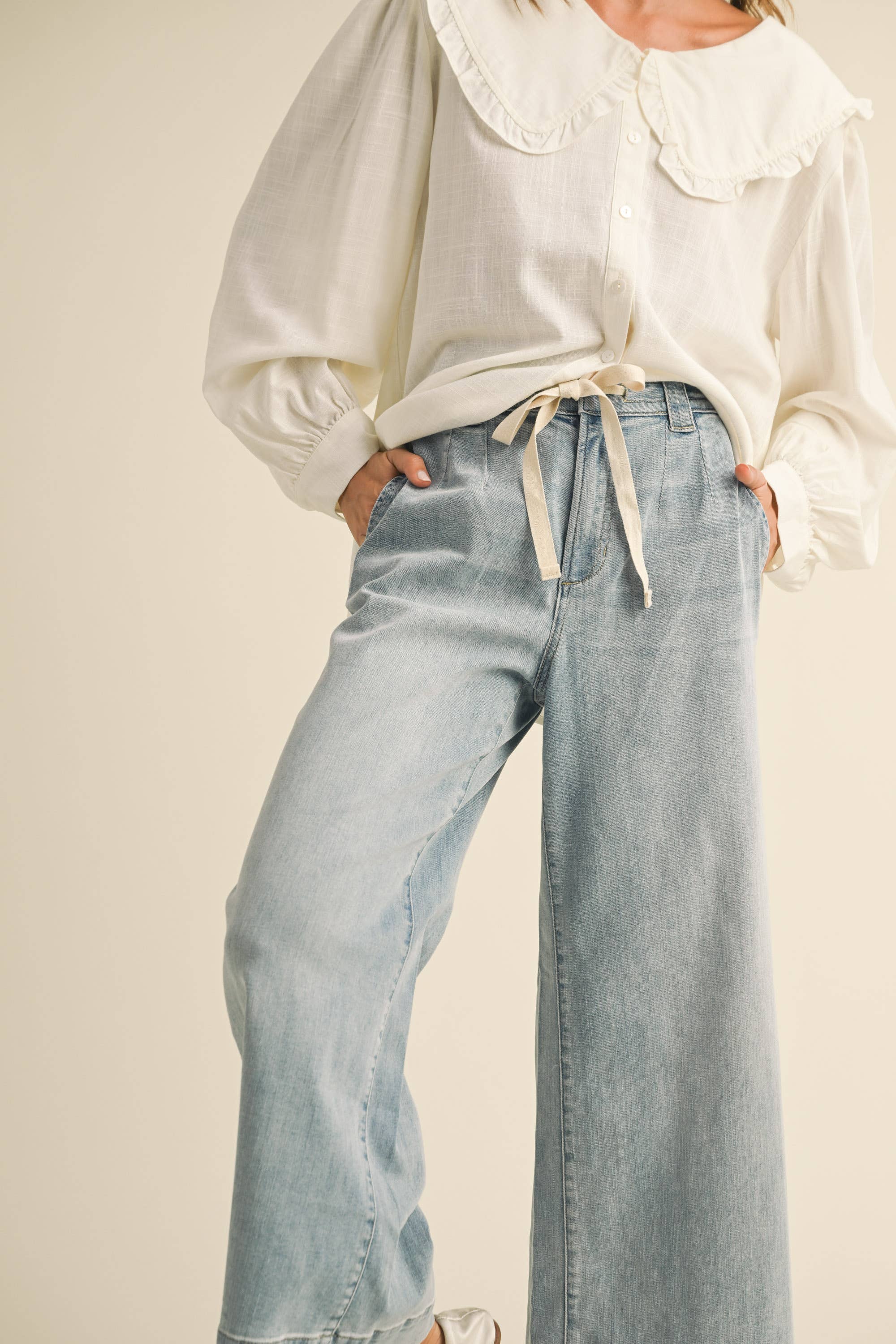 P4880   WASHED DENIM WITH TIE FRONT PANTS