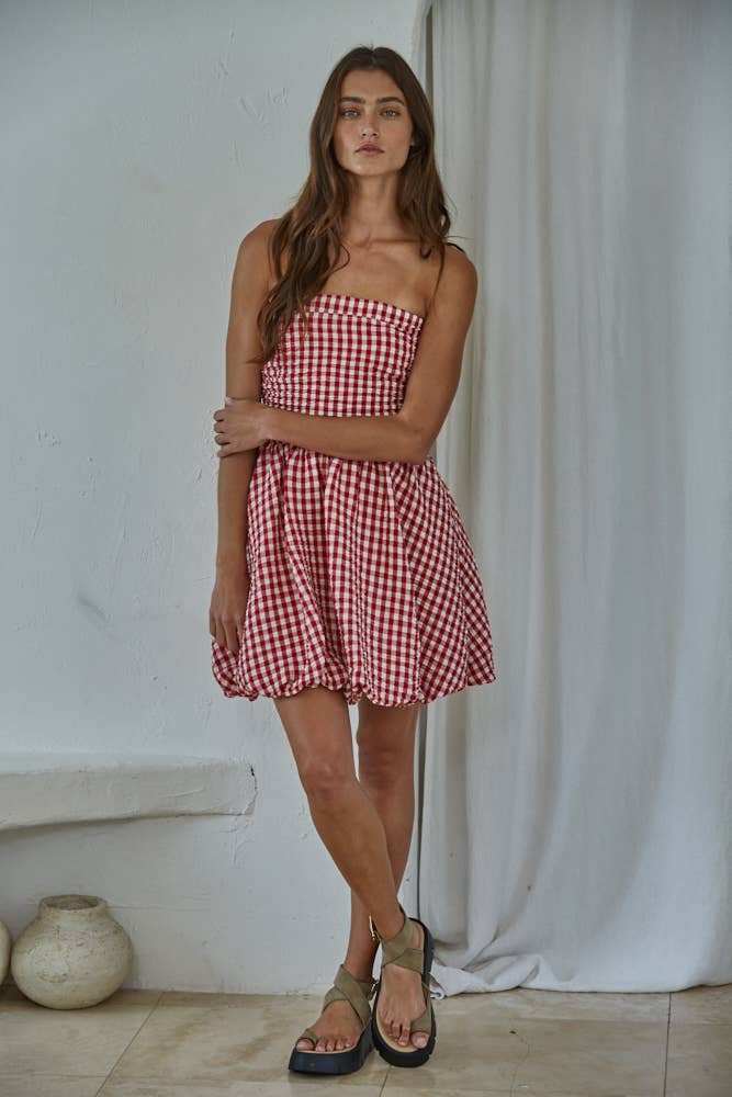 L9417 | Woven Polyester Gingham Print Smocking Tube Mini