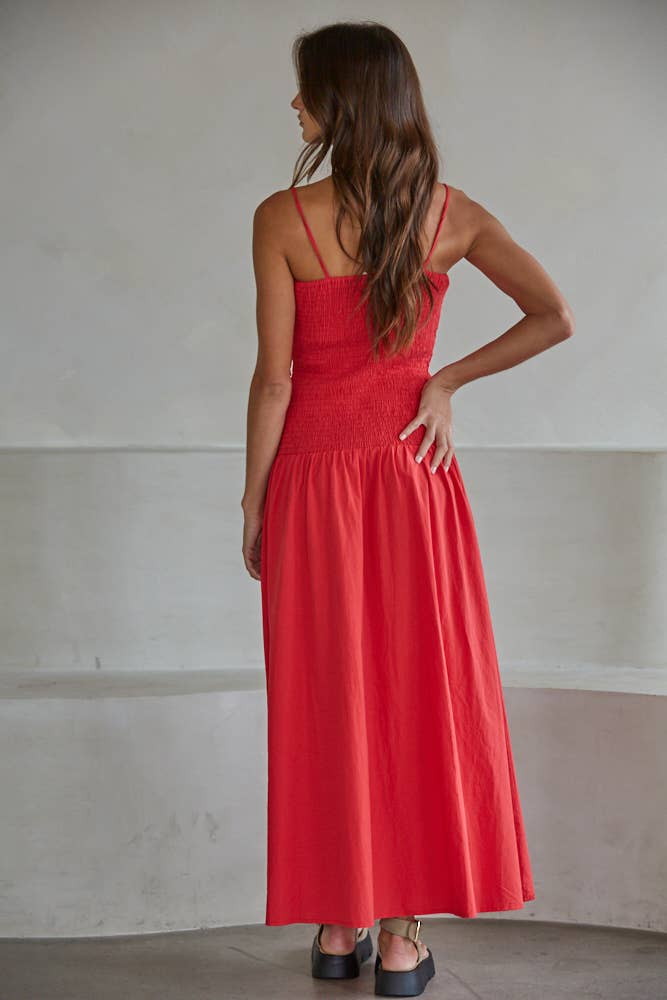 L9602 | Woven Cotton Sleeveless Smocked Midi Dress