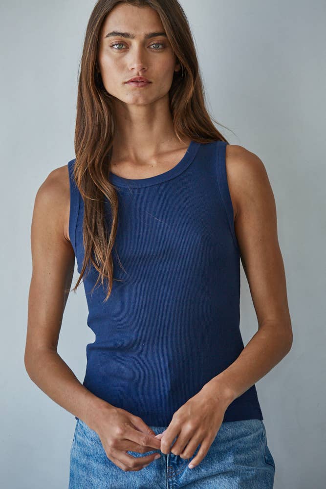L8749 | Knit Cotton Ribbed Round Neck Sleeveless Tank Top
