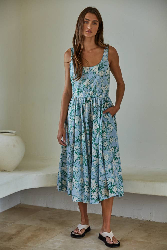 L8248 | Woven Cotton Floral Print Sleeveless Midi Dress