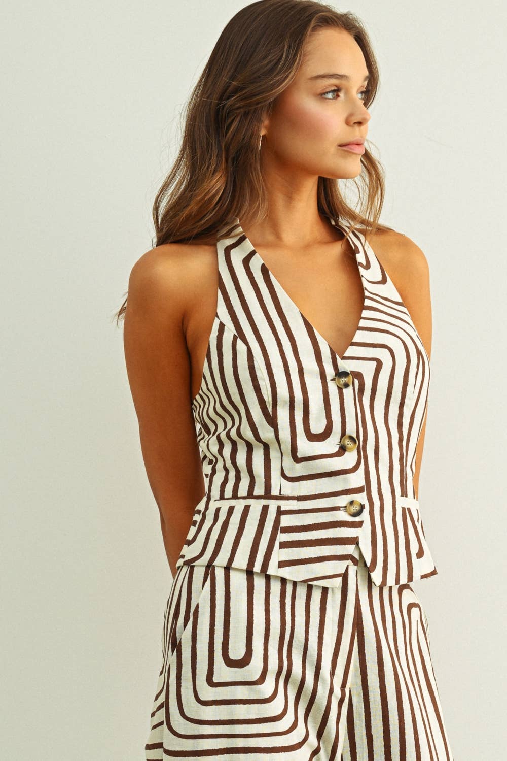 GRID PRINT HALTER NECK VEST