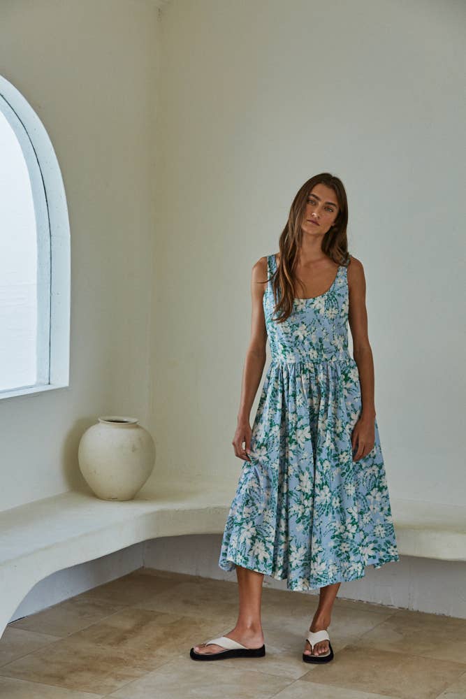 L8248 | Woven Cotton Floral Print Sleeveless Midi Dress