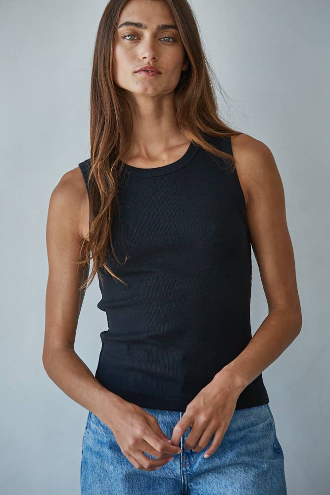 L8749 | Knit Cotton Ribbed Round Neck Sleeveless Tank Top