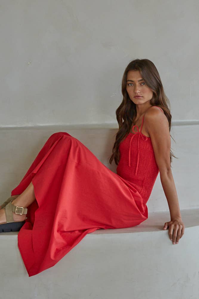 L9602 | Woven Cotton Sleeveless Smocked Midi Dress
