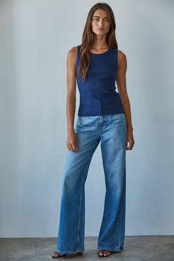 L8749 | Knit Cotton Ribbed Round Neck Sleeveless Tank Top