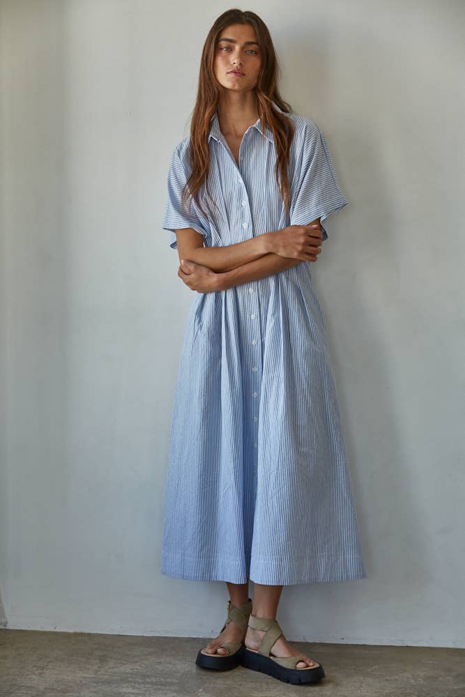 L7650 | Woven Cotton Polyester Striped Pleated Flare Dress