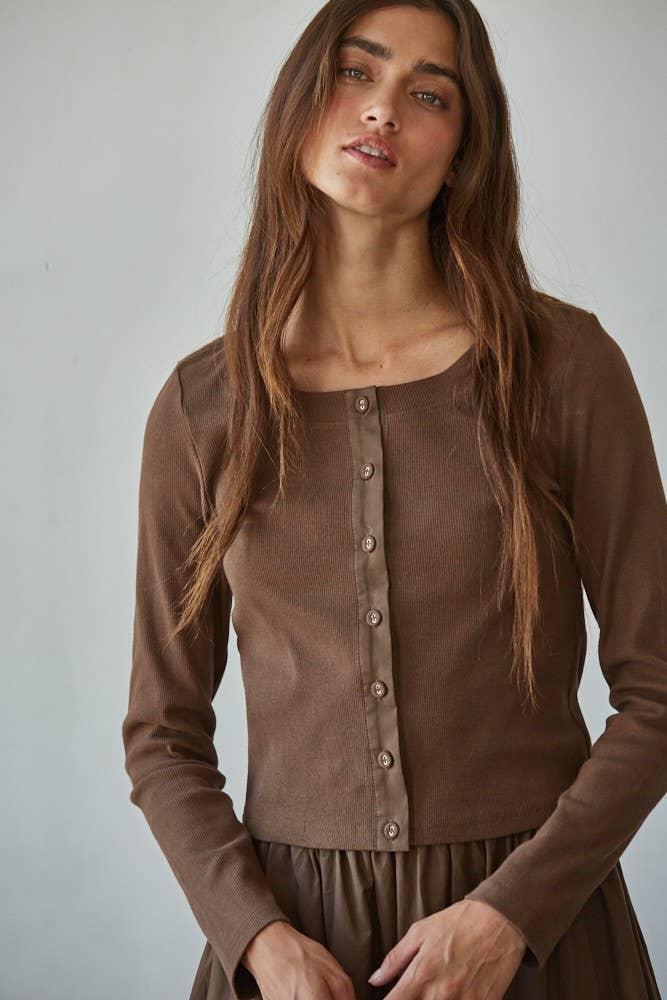 L8829T | Knit Cotton Spandex Ribbed Long Sleeve Cardigan