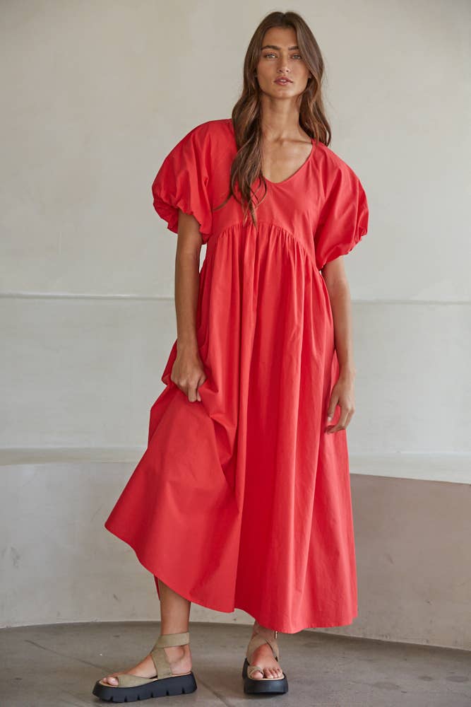 L9483 | Woven Cotton V-Neck Short Puff Sleeve Maxi Dress