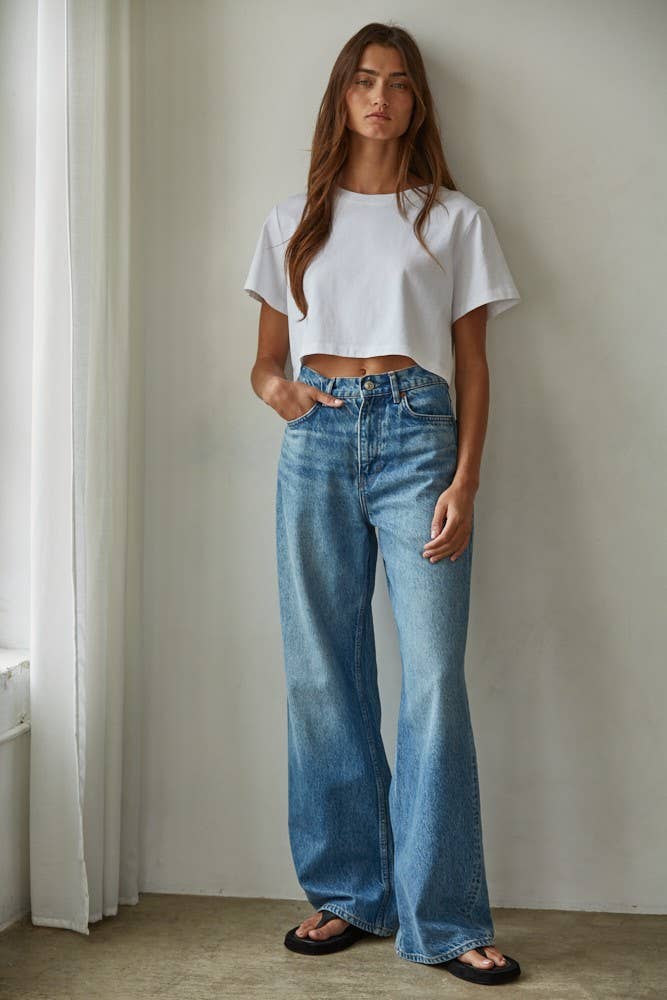 L8686 | Knit Cotton Round Neck Short Sleeve Crop Top