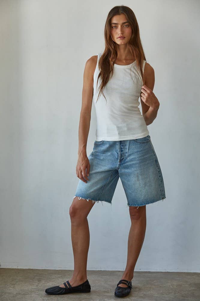 L8749 | Knit Cotton Ribbed Round Neck Sleeveless Tank Top