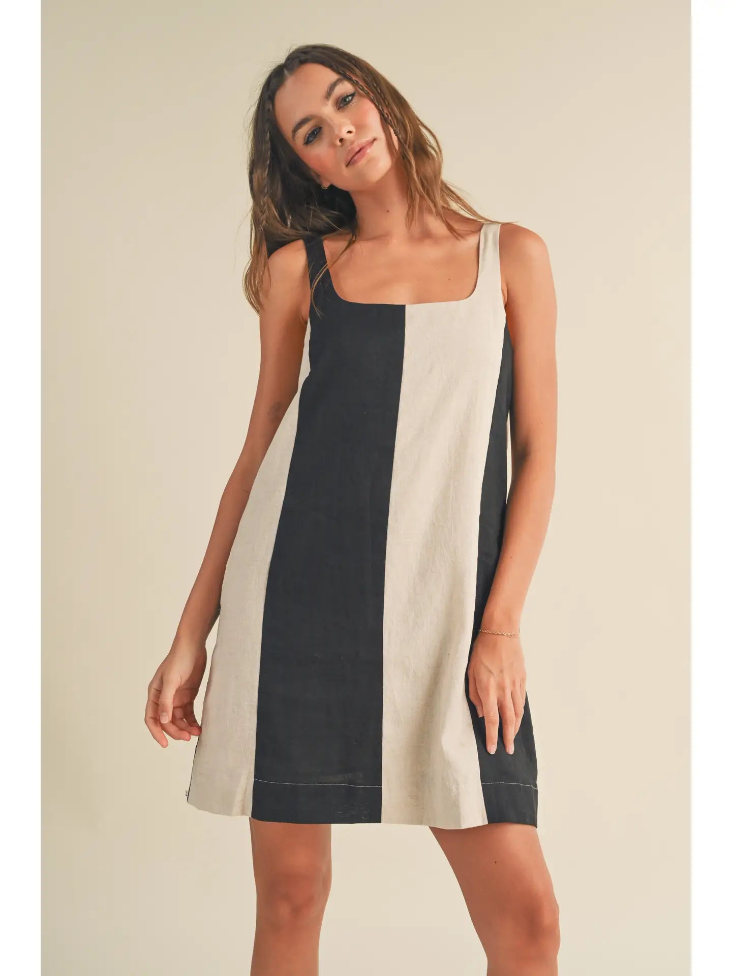 D3367   COLOR BLOCK LINEN MINI DRESS
