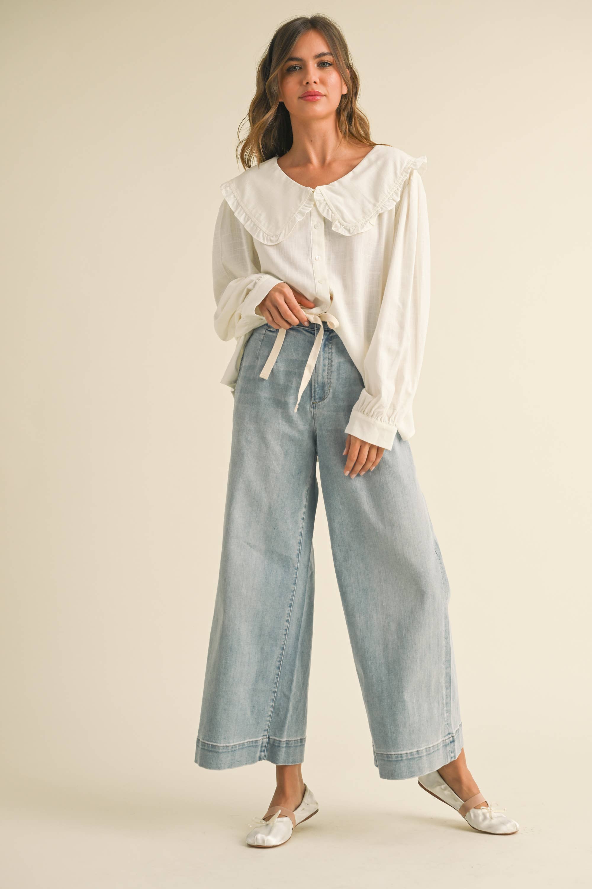 P4880   WASHED DENIM WITH TIE FRONT PANTS