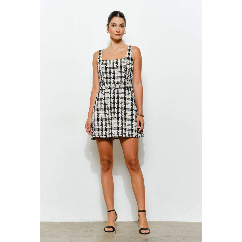 Check Tweed Brooch Detail Belted Mini Dress