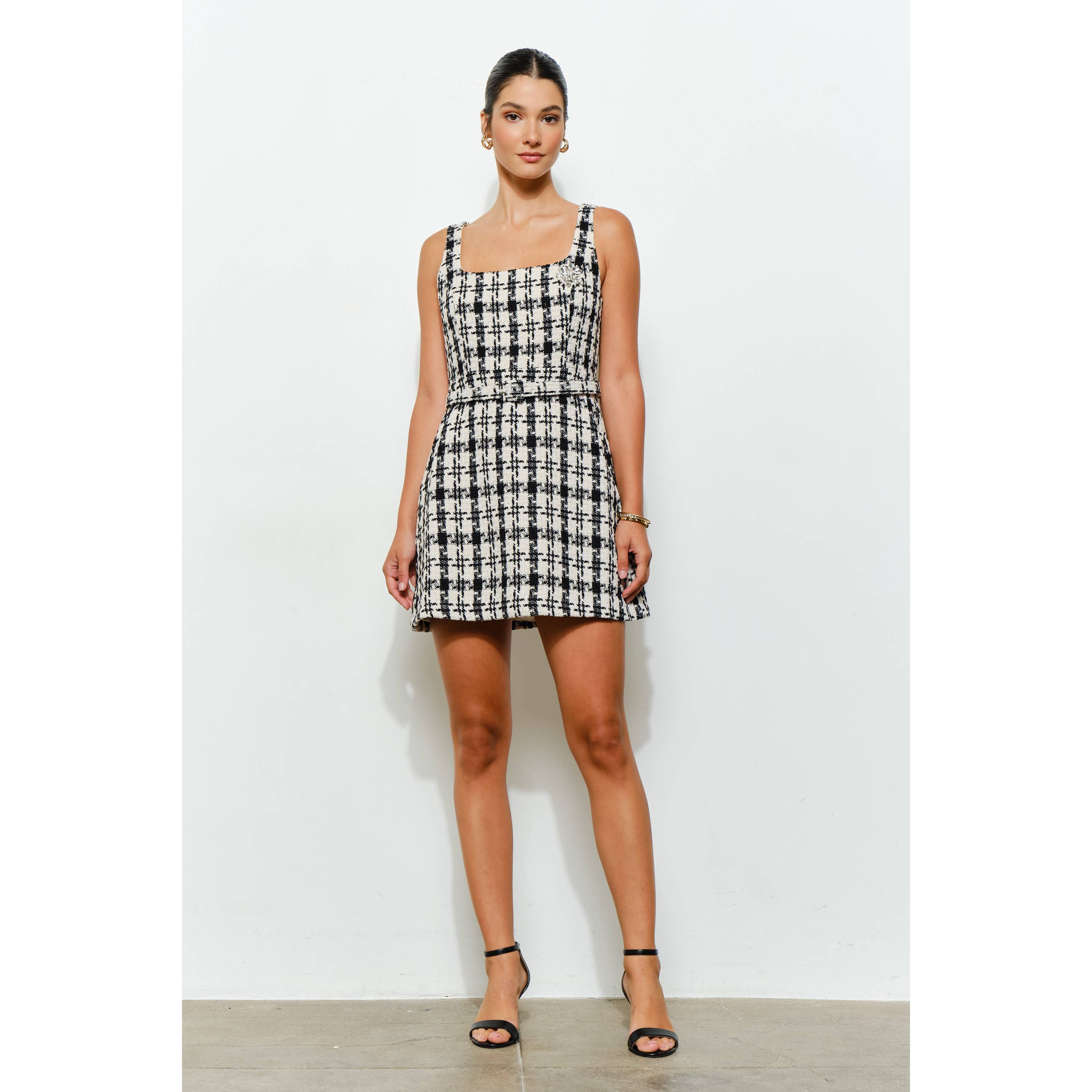 Check Tweed Brooch Detail Belted Mini Dress
