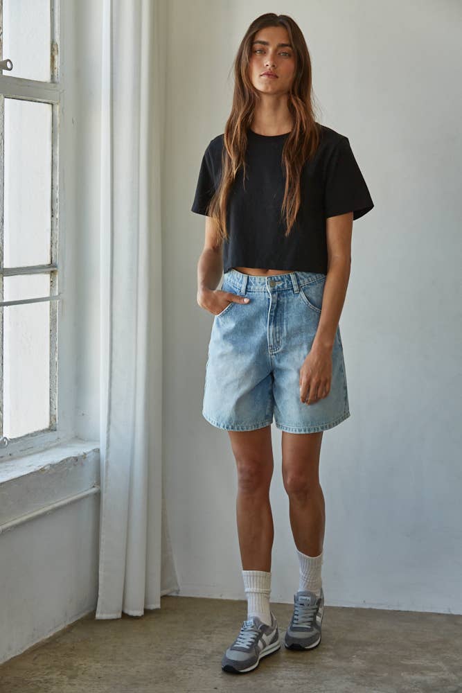 L8686 | Knit Cotton Round Neck Short Sleeve Crop Top