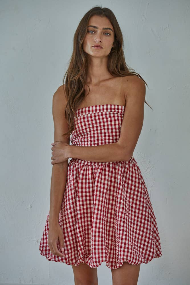 L9417 | Woven Polyester Gingham Print Smocking Tube Mini