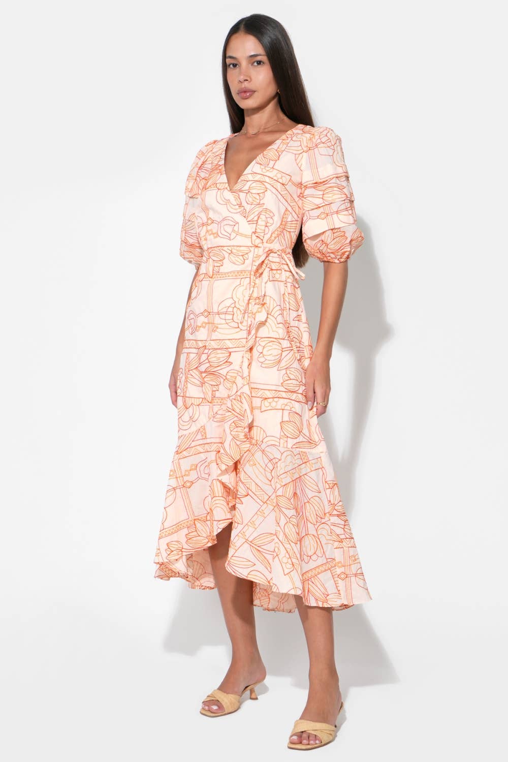 Haven Ruffle Embroidery Wrap Midi Dress