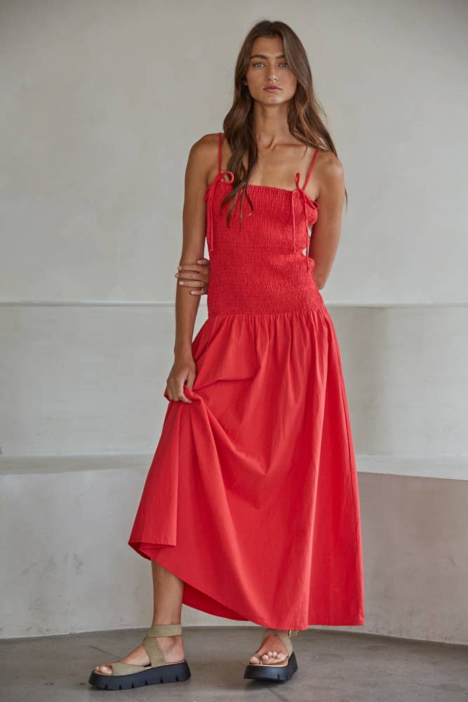 L9602 | Woven Cotton Sleeveless Smocked Midi Dress