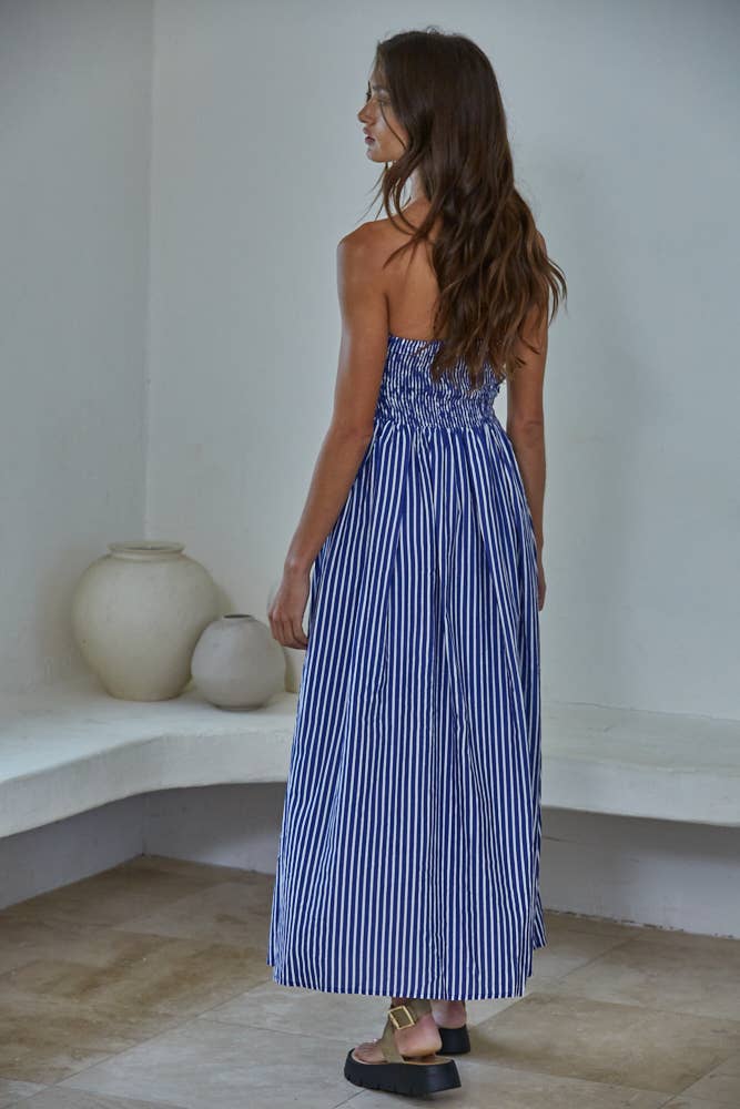 L6998 | Striped Tube Neck Strapless Flare Maxi Dress