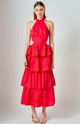 Tiered Halter Maxi Dress - Red