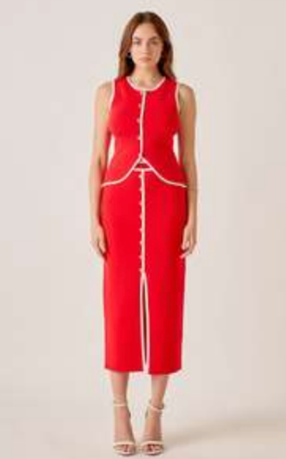 Sleeveless Trim Midi Skirt - Red / Ivory
